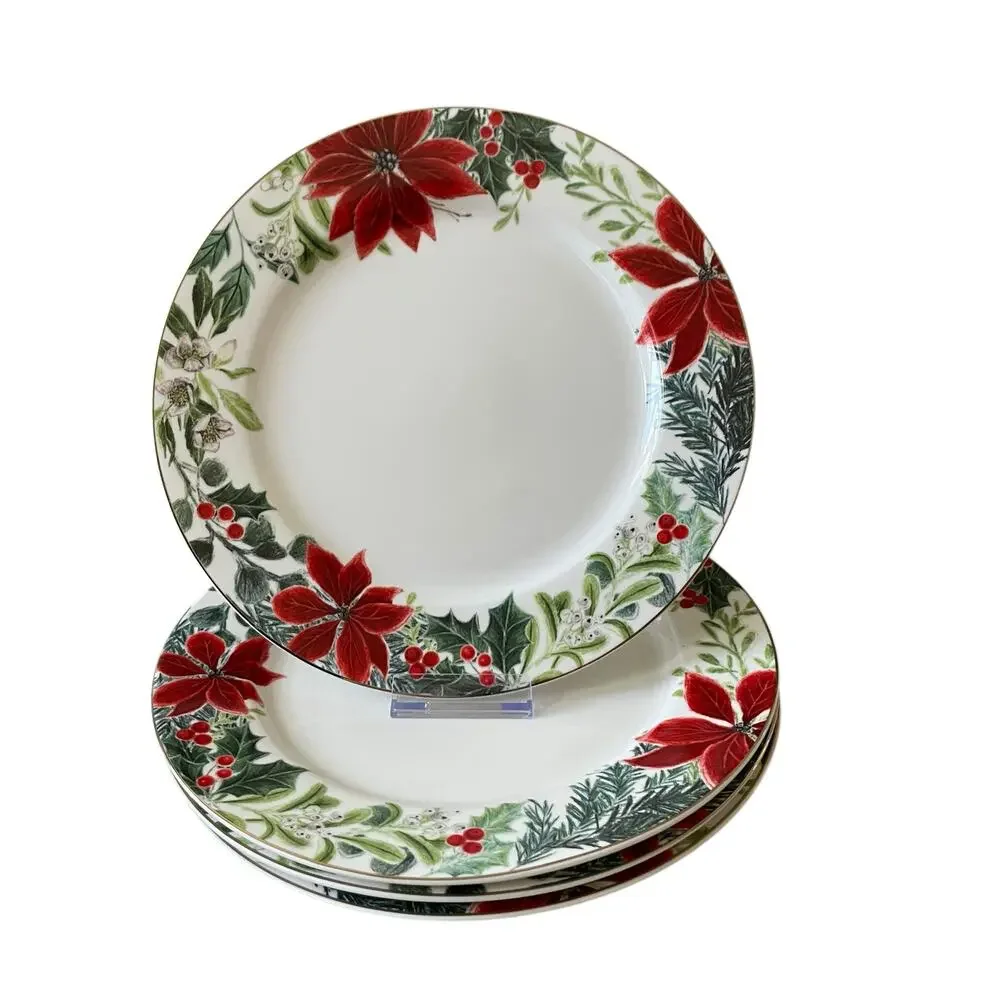 Grace Teaware Christmas Poinsettia Dinner Plates 10.5in Set of 4 Holiday New